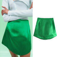 Za Skirts Silk Poplin texture Women 2021 Fashion Green Mini Skirt Vintage High Waist Hem Split A-LINE Female Skirts Y0213