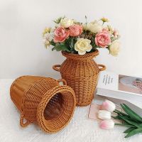 Simulation Rattan Woven Flower Vase Retro Tabletop Decoration Plants Flower Pot Handmade Rattan Flower Basket Gardening Supplies