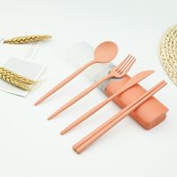 Orange 4pcs/set Wheat Straw Knife Fork Spoon Travel Cutlery Portable Flatware Box Japan Style Dinnerware Sets Kitchen Tableware Flatware Sets