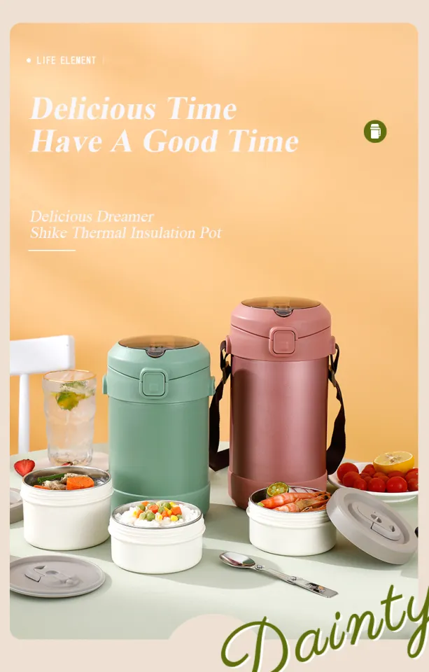 Stainless Steel Vacuum Insulated Food Jar Long Time Insulation Portable Pot Thermos  Container 1.8l Large Capacity With 2 Food Trays