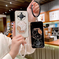 Phone Case เคส Honor X9b 5G เคสโทรศัพท์แมวโชคลาภน่ารักสีลูกอมพร้อมกำไลข้อมือแบบพกพาป้องกันเลนส์ฝาครอบอ่อน2023