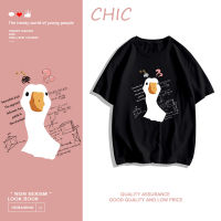 CHIC ผ้าฝ้ายแท้ เสื้อยืดแขนสั้นพิมพ์ลายการ์ตูนเป็ดทรงเรขาคณิต สไตล์สบาย ๆ T0581