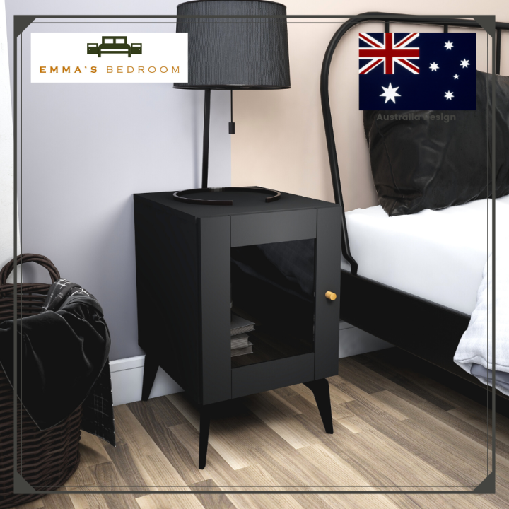 Wayne Bedside Table (EM241+B326 Black) with Open Door Bedroom