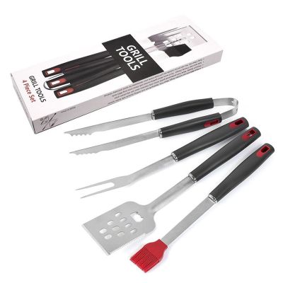 LMETJMA 4Pcs/se BBQ Grill Tools Set Heavy Duty Stainless Steel Barbecue Grill Tool Set Tong Brush Fork Spatula BBQ Tools KC0118