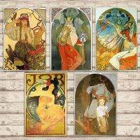 วินเทจ Alphonse Maria Mucha ดอกไม้สลาฟสาวย้อนยุคฝรั่งเศสเลดี้ผ้าใบจิตรกรรมศิลปะบาร์ตกแต่งบ้านผนังศิลปะภาพพิมพ์