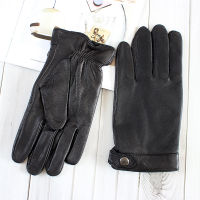 Deerskin Gloves Men Thick Autumn and Winter Warm Stripes Button Style Outdoor Ride Driving Leather Finger Gloves