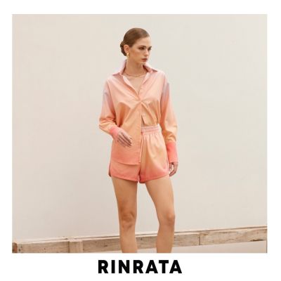 RINRATA - Sander Short กางเกงขาสั้น เอวยางยืด ฟรีไซส์ ผ้าพิมพ์ลาย ดีไซน์พิเศษ สี ส้ม ชมพู ม่วง Gradient Freeszie