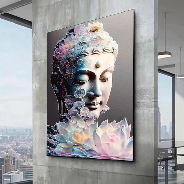 พระพุทธรูปพระพุทธรูปพิมพ์โปสเตอร์สำหรับห้องนั่งเล่นตกแต่งบ้านบทคัดย่อ-sakyamuni-และดอกไม้ภาพวาดผ้าใบ-wall-art-cuadros