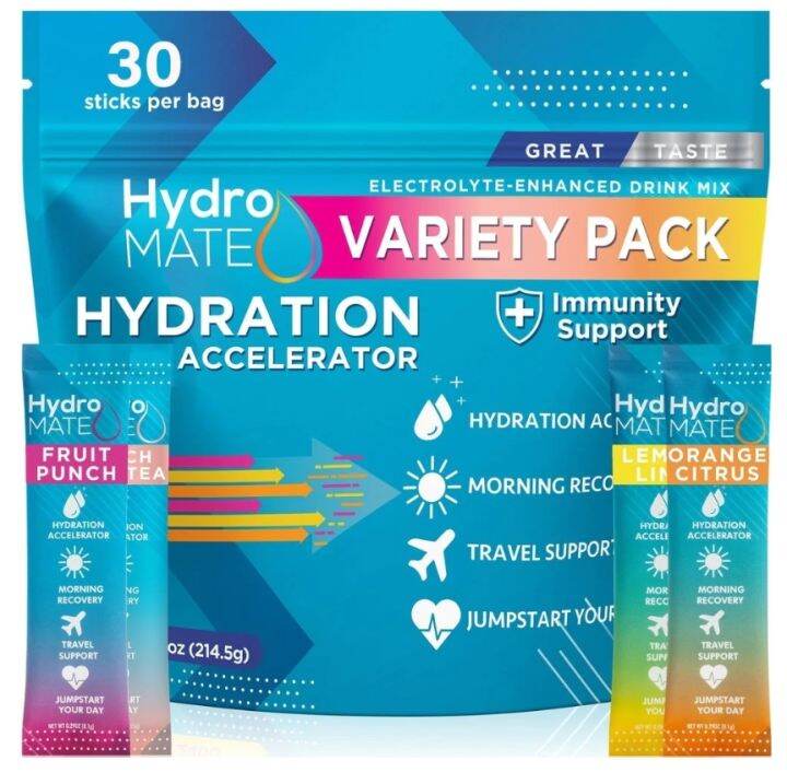 ผงอิเล็กโทรไลต์-วิตามินและแร่ธาตุ-4-รสชาติ-hydration-acceleration-variety-pack-electrolyte-powder-enhanced-drink-mix-30-sticks-per-bag-hydromate-เกลือแร่