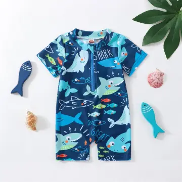 One-Piece Boys Kids Swimming Suit Blue Short Sleeve Swimwear Shark Beach  Wear