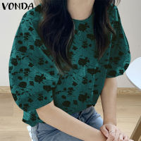 เสื้อสวมหัวแขนพองหลวมวินเทจของผู้หญิง VONDA เสื้อเสื้อยืดคอกลมพิมพ์ลายดอกไม้ (ลำลองเกาหลี)