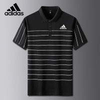 Adidas เสื้อโปโลผู้ชายลายทางคอตตอนฤดูร้อน,เสื้อยืดมีปกแนวธุรกิจสีดำ/ ขาว