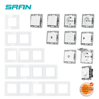 SRAN F6 Series multiple frames White tempered glass panel EU FR UN sockets and switches Dimmer Fan Foot lamp Rj45 module DIY