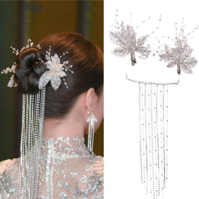 Amart Retro Hairpin ต่างหูชุดทนทาน Silver Maple Leaf Crystals Design สำหรับ Cheongsam Chinese Clothes