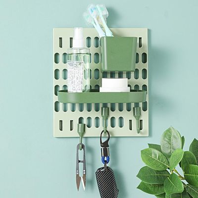 【YF】 1 Set Storage Rack with J-shape Hooks Punch Free Hanging Wall Shelf Kitchen Pegboard Splicing Hole Board Box