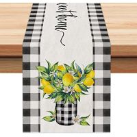 Summer Plaid Vase Lemon Table Runner Seasonal Spring Holiday Farmhouse Indoor Vintage Theme Dinner Party Decoration Table Cloth