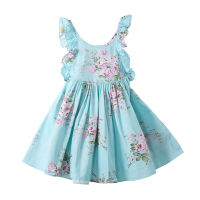 Girls Dress For Kids Sling Vest Blue Pink Flower A-line Elegant Wedding Party Children Princess Size 4 5 6 7 8 Years Old Summer