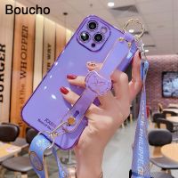 {Haojia เคสโทรศัพท์} Boucho สำหรับ Iphone 13 12 11 Pro Max X Xs XR SE 7 8 6S Plus เคสที่วางโทรศัพท์ TPU แบบนิ่มแผ่นอิเล็คโทรเพลทสายคล้องข้อมือคอ