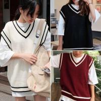 Preppy Sweater Vest Autumn Women V Neck Sleeveless Striped Patchwork Knitted Korean Oversize Female Pullovers Waistcoats Tops