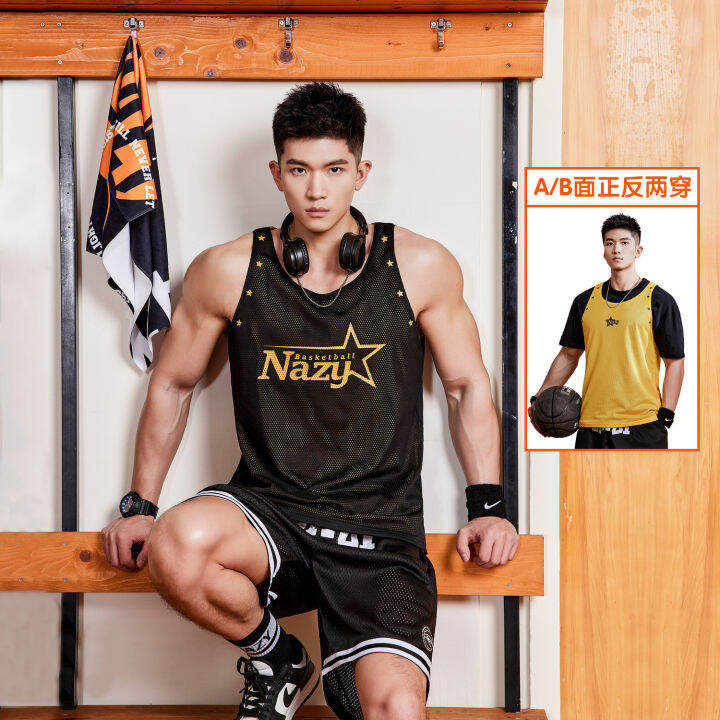 nazy-เสื้อกล้ามกีฬาแบรนด์แฟชั่นใส่ได้สองด้านชายเสื้อบาสเก็ตบอลแขนกุดระบายอากาศระบายเหงื่อแห้งเร็วสไตล์อเมริกัน