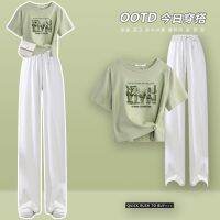 นมเป็นหนึ่งเสื้อสตรีท่อนบนหญิง2023ใหม่กว้างไม่สม่ำเสมอฤดูร้อนเล็กๆน้อยๆกางเกงขาบานผู้หญิงสองชิ้นที่มีแขนสั้น