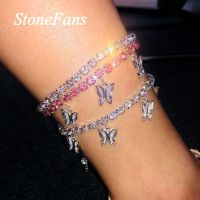 Stionefans Fashion Rhinestone Butterfly Pendant Anklet Chain for Women Statment Bling Tennis Chain Anklet Butterfly Foot Chain