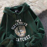 ◆✎☄ Dark green American baseball gloves printed Hoodie youth fashion Sweatshirt fall Vintage men 39;s and women 39;s loose Hoodie