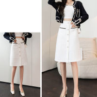 A Line Midi Skirt High Waist Split Button Front Pocket Back Zipper Formal Knee Length Skirt for Female