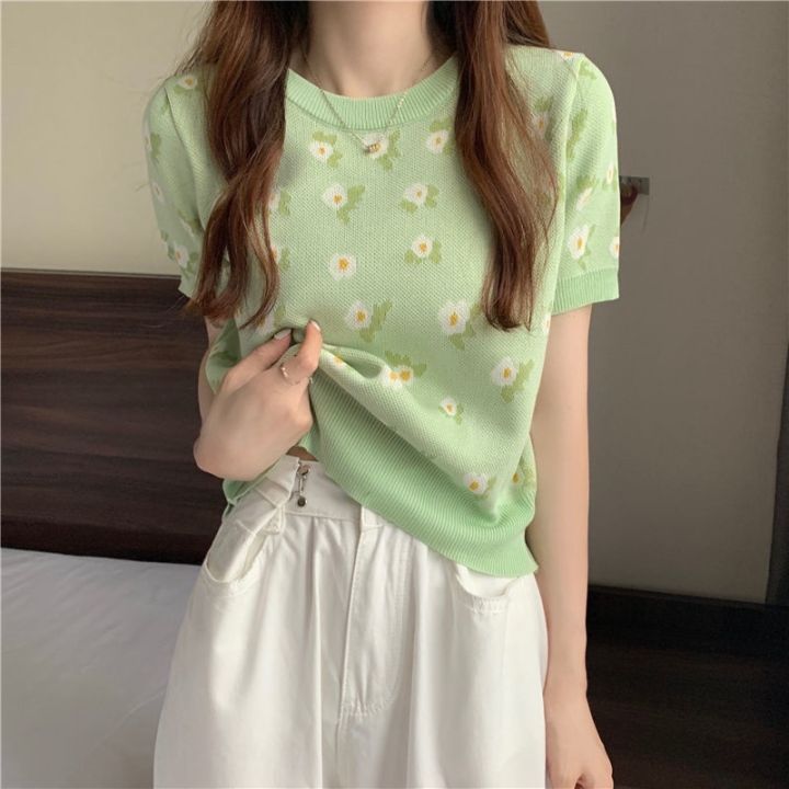 summer-knitted-t-shirt-for-women-flowers-fashion-small-fresh-casual-simple-retro-feme-o-neck-korean-short-top-v728