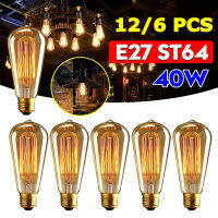 6Pcs/12Pcs E27 ST64 40W LEDย้อนยุควินเทจเอดิสันหลอดไฟหลอดไฟแบบหรี่ได้อุตสาหกรรมอบอุ่นเส้นใยขาว2200Kแท่นตกแต่งบ้านคริสต์มาส