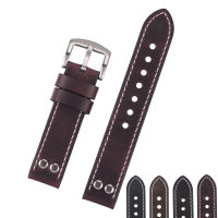 EACHE Oil Waxed Calf Leather Watch Band With Rivet Design 20mm 22mm 24mm Black Brown Red Blue