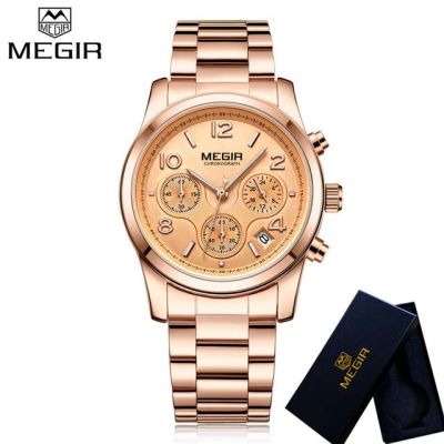 MEGIR นาฬิกาข้อมือคู่รักของผู้หญิงนาฬิกาควอตซ์สำหรับผู้หญิงสีทองหรูหรามีวันที่นาฬิกาธุรกิจแบบคลาสสิก2057