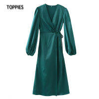 Toppies Elegant Green Satin Party Dresses Women Sexy Side Split Midi Dress Lantern Sleeve V-neck