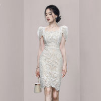 2023 Summer New Fashion French Puff Sleeve French Elegant Ladies Square Neck Slim Lace Short Sleeve V-Neck Dress