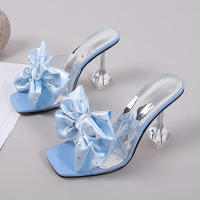 Clear High Heels Slippers Women Summer  Fashion Sweet Bowknot Rhinestone Slides Shoes Transparent Woman Sandals Plus Size