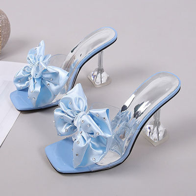 Clear High Heels Slippers Women Summer  Fashion Sweet Bowknot Rhinestone Slides Shoes Transparent Woman Sandals Plus Size