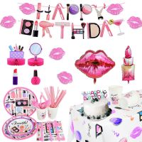 Spa Makeup Girl Birthday Party Tableware Lips Lipstick Balloons Disposable Plate Paper Cups Straw Girl Party Decoration Supplies