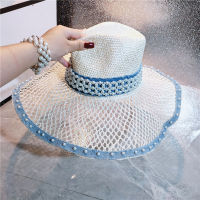 2021 Handmade pearls DAINESE material big cap womens beach hats jazz hat visor cap summer womens panama cowboy hat blue