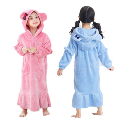 ฤดูหนาวสาวเสื้อคลุมอาบน้ำสักหลาดเด็กชุดนอน2-12Y เด็กคลุมด้วยผ้าชุดนอนชุดนอนที่อบอุ่นวัยรุ่นชุดนอนเสื้อผ้า