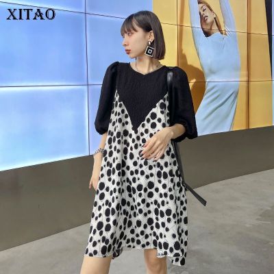 XITAO Dress Fashion False Two Pieces Women Dot Print Mini Dress