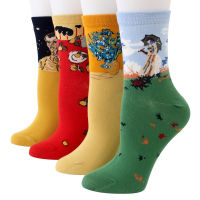 4 Pairs Women Cotton Socks Spring Summer Retro Personality Art Waves Vase Funny Painting Socks Classic Happy Socks Female socken