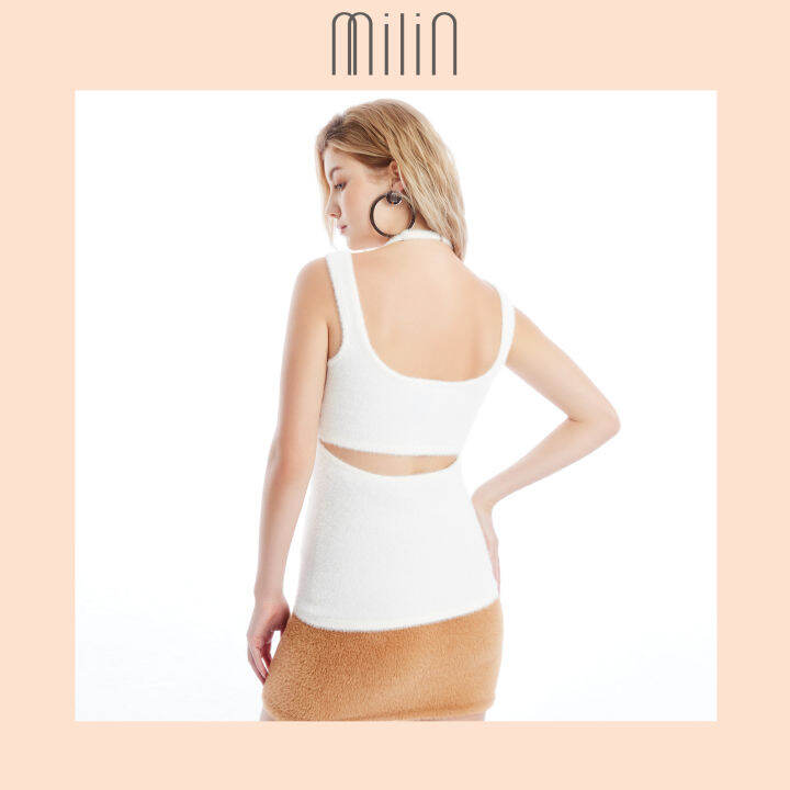 milin-two-pieces-fluffy-curve-neckline-with-halter-spaghetti-straps-overlay-knitted-top-เสื้อทอนิตติ้งขนนุ่มแบบสองชิ้นทรงคอโค้งพร้อมสายสปาเก็ตตี้คล้องคอ-kissable-top