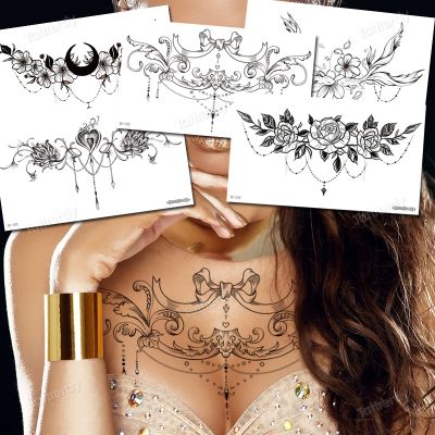 hot！【DT】♟✔  body jewel Big temporary tattoos black henna lace sternum tattoo chest waterdecal flowers rose peonies mandala