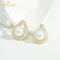 SEQUITO Elegant Hollow Tear Drop Design Micro ฝัง AAA CZ Zircon ผู้หญิง Big Pearl Stud ต่างหูทองชุบเครื่องประดับสำหรับจัดเลี้ยง Party SE605