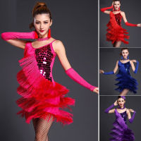 Adult Women Ladies Tango Ballroom Competition Dresses Red Pink Purple Latin Salsa Dancewear Fringe Sequin Dance Dresses Costume