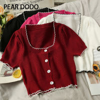 PEAR DODO เสื้อยืดถักแขนสั้นสำหรับผู้หญิงเสื้อกระดุมแถวเดียวสี่เหลี่ยมสไตล์เกาหลี