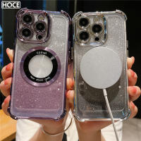 HOCE เคสโทรศัพท์แบบใสสีม่วงแวววาวหรูหราสำหรับ iPhone 14 13 12 11 Pro Max 14Plus ชาร์จไร้สายชุบฝาครอบกันกระแทก