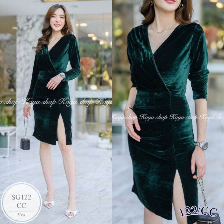 ml122-dress-เดรสป้ายหน้าอกไขว้-แขนยาว-ผ่าชายด้านหน้า-เนื้อผ้ากำมะหยี่-ลุคคุณนู๊วววมากมายไฮโซสุดๆ-ค้าาา-รีบๆ-สอยยกันเด้อ-เนื้อผ้า-fabric-ผ้ากำมะหยี่-นางแบบใส่งานขายจริง-สี-color-4-สี-ดำ-แดง-กรมท่า-เขีย