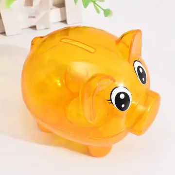 Clear Orange Plastic Piggy Bank Coin Cash Saver Savings Pig Safe Box