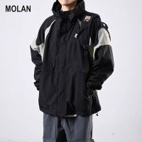 MOLAN เสื้อโค้ทผู้ชายแจ็คเก็ตมีฮู้ดแผงสีตัดกันเสื้อลำลองหลวมวินเทจ